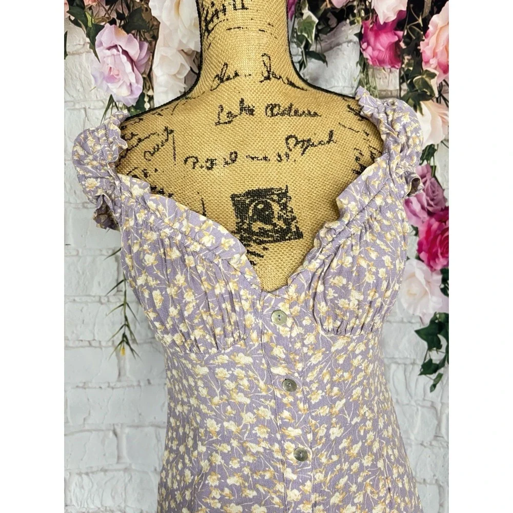 Bello Mae Cottagecore Milkmaid Dress Purple Floral Rayon Prairie Size L - Picture 3 of 12